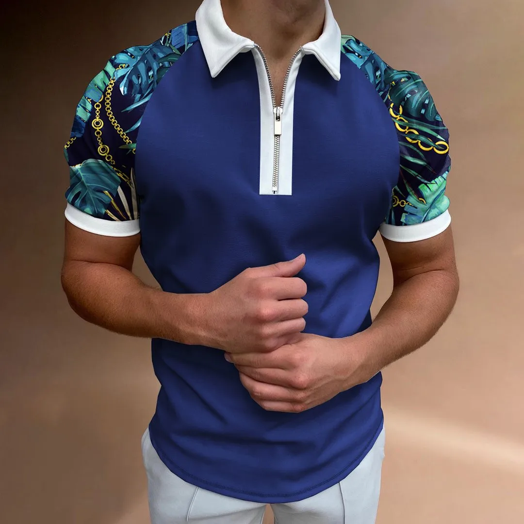 2022 New Style High Quality Men Polo Shirts Casual Patchwork Homme Polo Shirt Short Sleeve Turn-Down Zipper Collar Polo