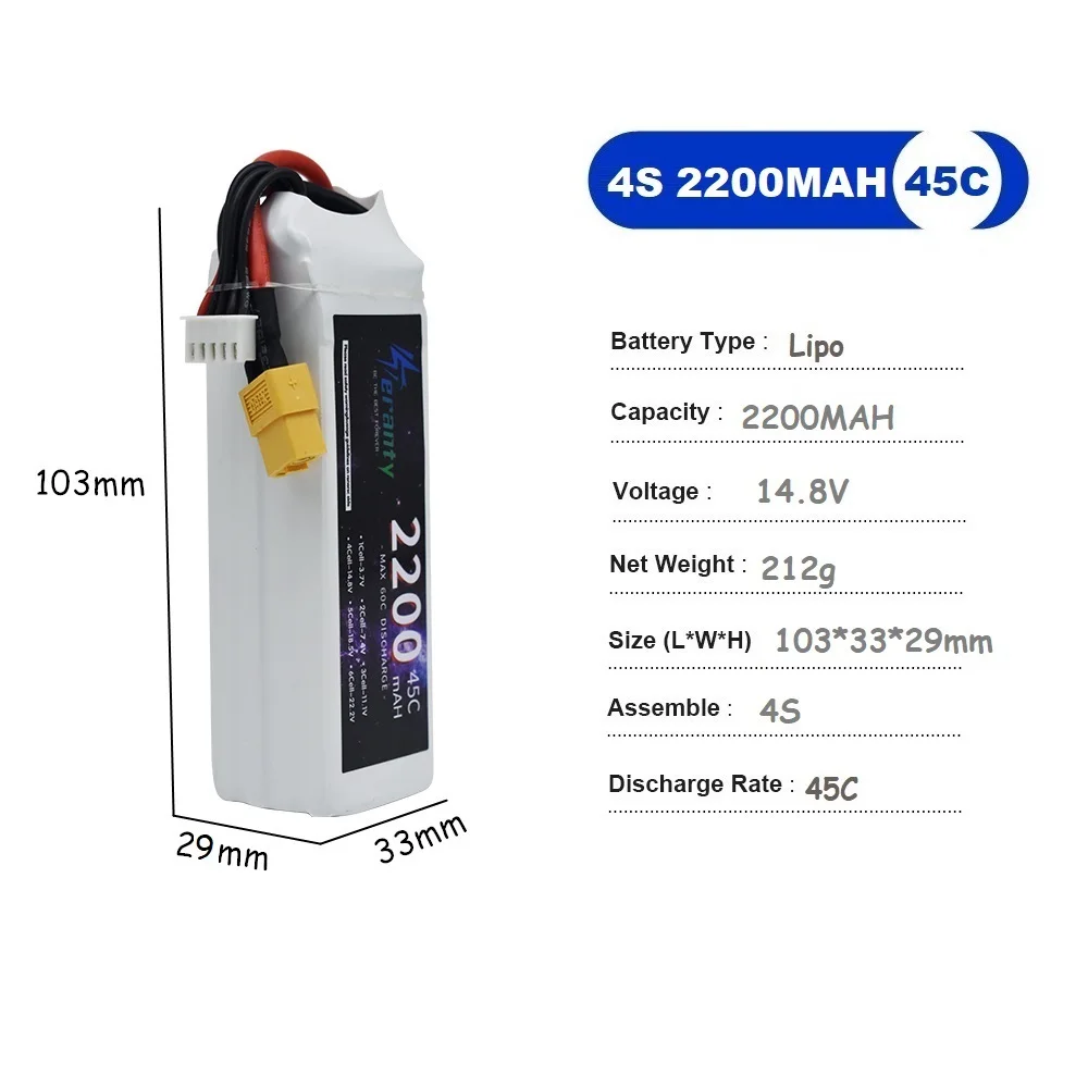 Batterie LiPo 4S 14.8V pour drone posée sur une surface, étiquette indiquant 2200-3300mAh 45C-60C