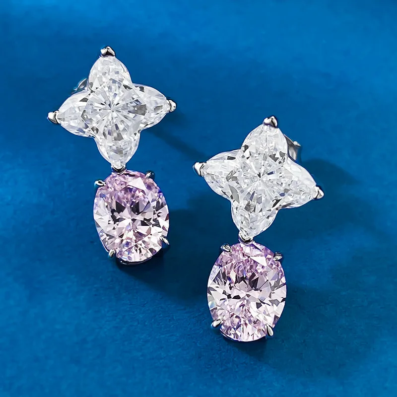 

New Imported High Carbon Diamond Clover 11 * 11mm Inlaid Oval Pink Diamond Earrings with Luxurious Inlay Style, Niche