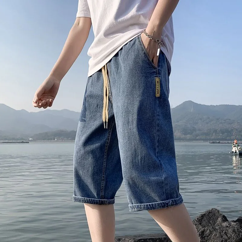 New Denim Shorts Capris Korean Version Fashionable Men's Summer Thin Loose Straight Drawstring Elastic Waist Pants 5xl Large