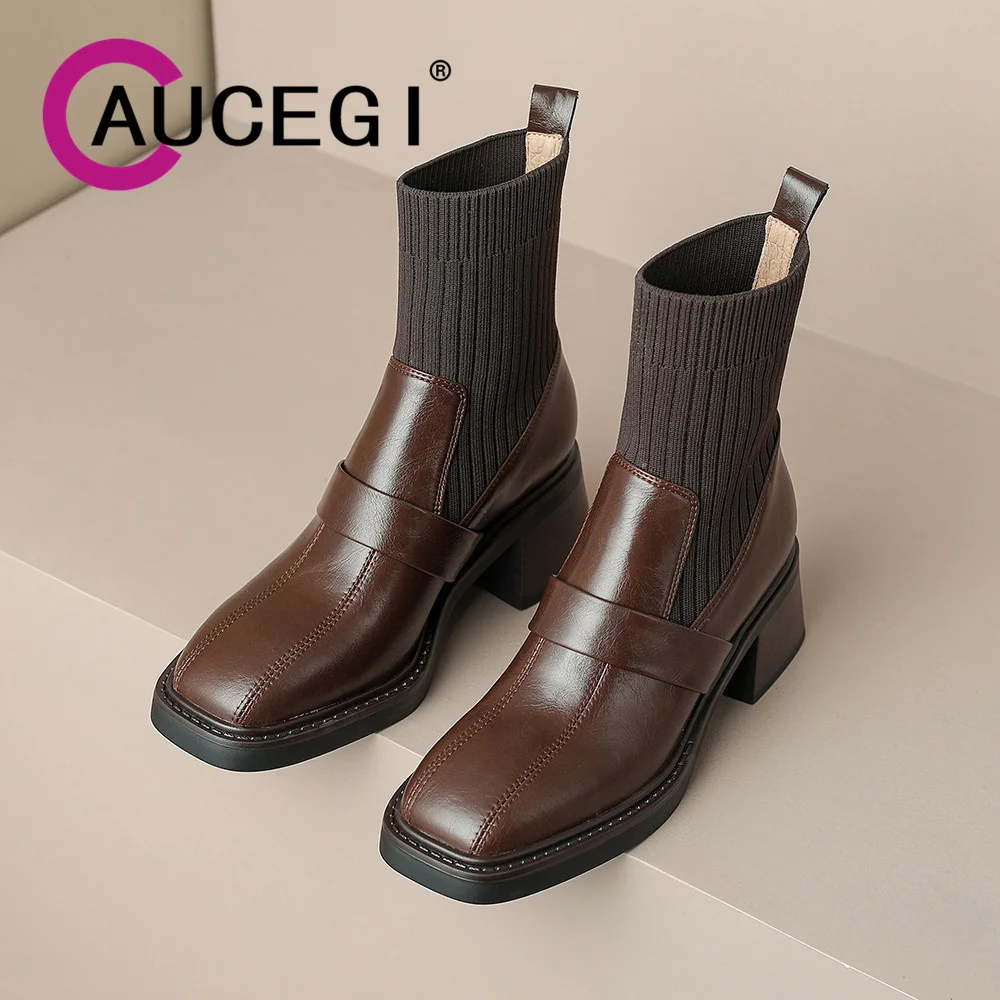 

Aucegi Hot Sale Genuine Leather Patchwork Knitting Women Ankle Boots New Chunky Heel Chelsea Square Toe Designer Fashion Shoes