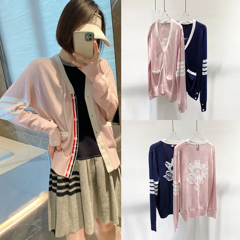 

High Quality 2023 Spring and Autumn V-neck Knitted Sweater Coat Female Tb Flower Cardigan Four-bar Sweater Loose Coat Outside.
