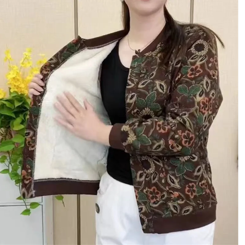 2024 Winter Vintage Art Fragmented Flower Plush Coat for Women's Loose and Slim Single breasted Thickened Print for Warm Outwear