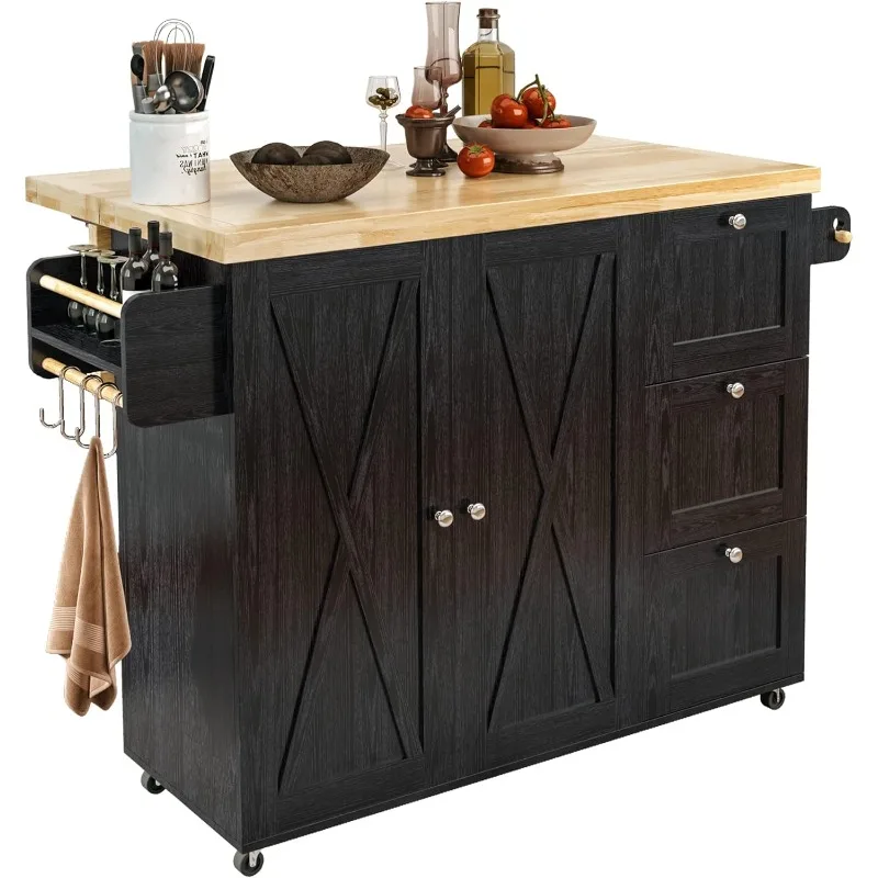 

Rolling Kitchen Island Cart with Drop-Leaf Countertop, Barn 3Drawers, Barn Door Style Cabine,Thicker Rubberwood Top, Spice Rack,