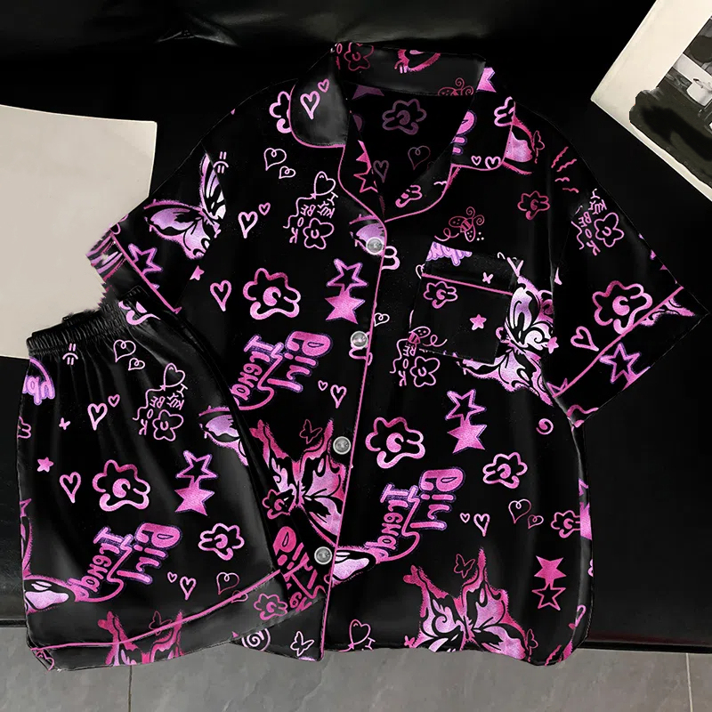 2 Piece Set Women's Elegant Pajamas Set Graffiti Design Bow Tie Love Print Homewear Button Short Women's Sleep & Pajamas Summer