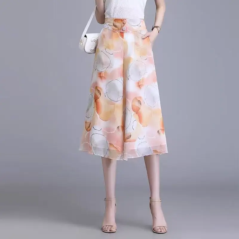 Elegant Printed Elastic High Waist Chiffon Floral Wide Leg Pants Women's Clothing 2024 Summer New Loose Office Lady Capri Pants