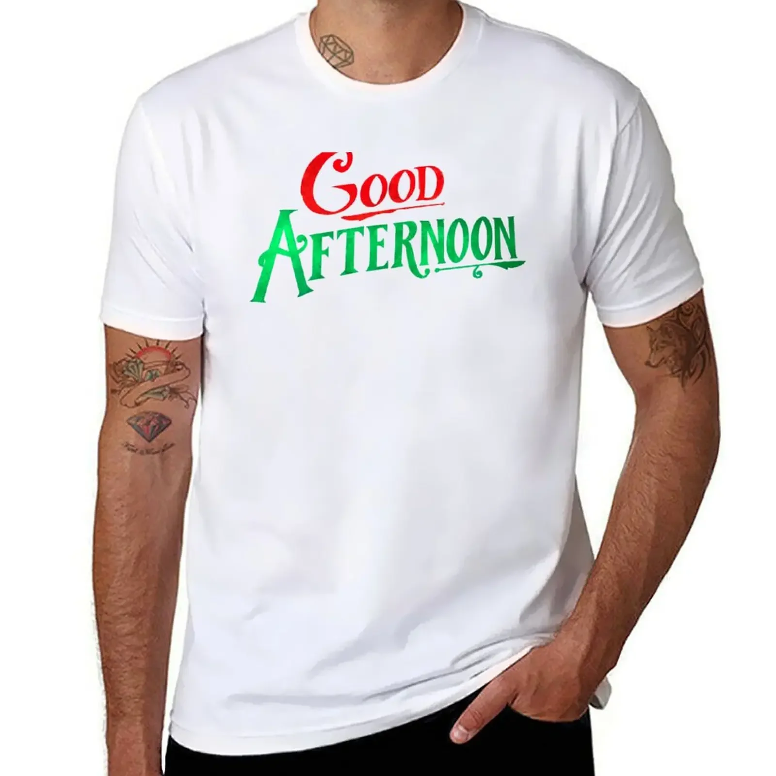 

Good Afternoon! from Spirited (Red and Green Graphic) T-shirt quick drying vintage plus size tops oversized t shirt men
