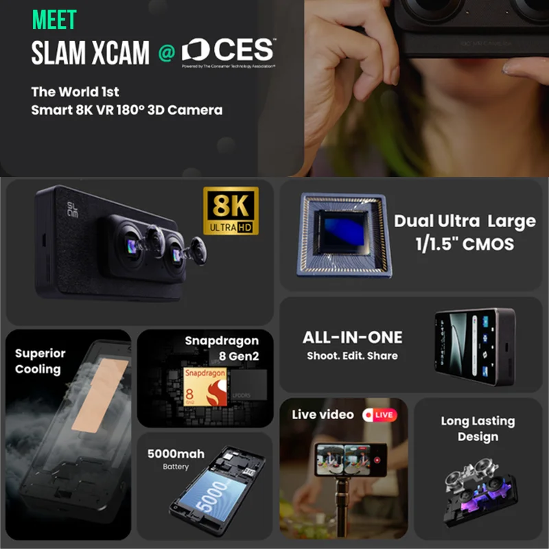 SLAM XCAM 8K 30FPS VR180 3D 카메라 듀얼 1/1.5인치 CMOS 센서 10비트 컬러 6.67인치 AMOLED 3D 비디오 카메라