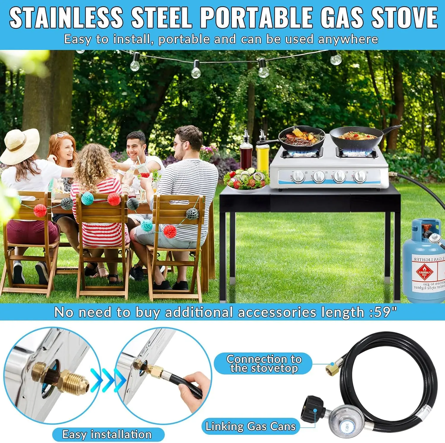 Stove,4 Burner Gas StovePortable Gas Stove Auto Ignition Camping Stainless Steel Stove 4 Burner LPG for RV, Apartment,Outdoor 6