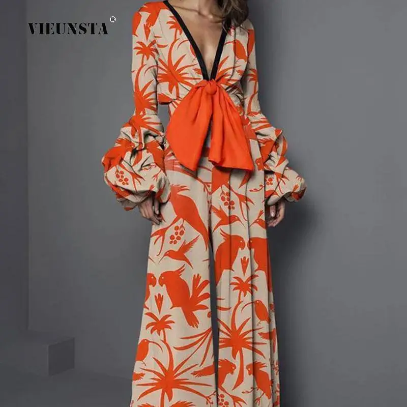 

Vintage High Waist Bud Sleeve Slim Romper 2023 Lady Lace-Up Party Jumpsuits Elegant Chic New Print Deep-V Big Bow Women Jumpsuit