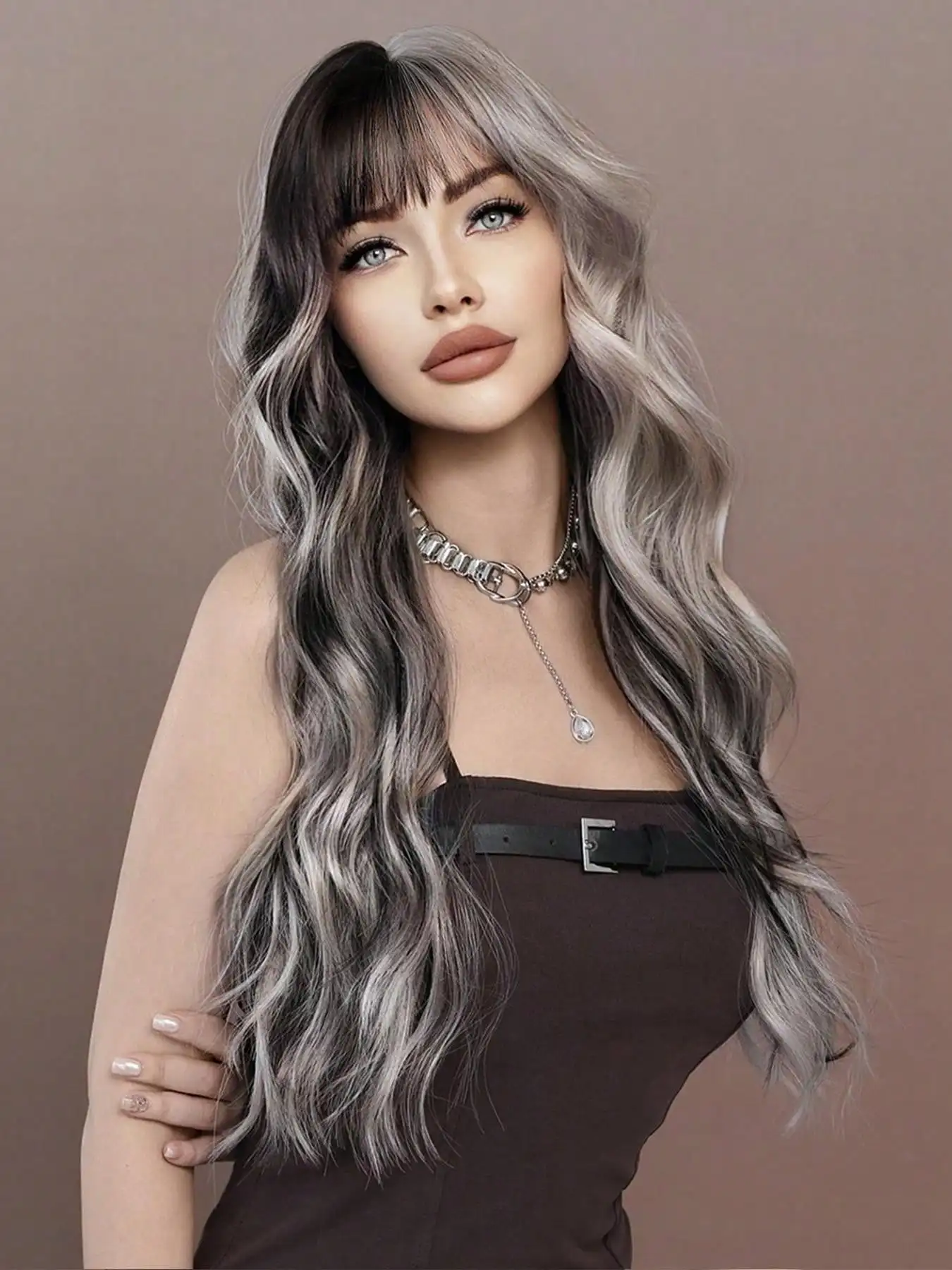 Wavy Ash Hair Wig with Bangs for Women Daily Party
