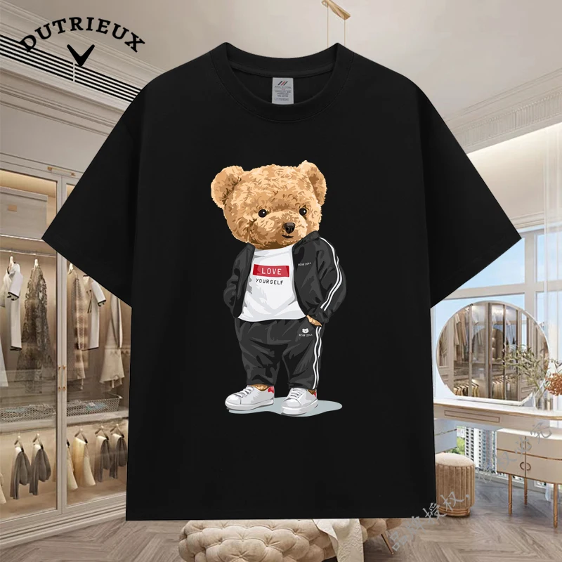 2024 New Luxury Bear Short Sleeved Men's and Women's Loose 230g Fabric weight Cotton Versatile Round Neck Breathable Inner Layup