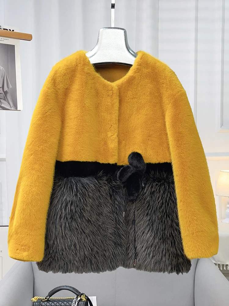 

Golden Mink Fur Coat Women's Short Round Neck Environmental Protection Mink Imitation Fur Integrated Coat 2024 Autumn/Winter New