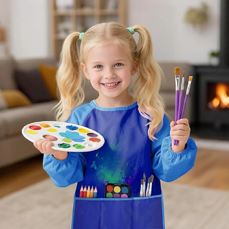 방수 어린이 그림 앞치마 긴 소매 드레스형 보호복 급 스목 남아&여아 그림 작업 베이킹 앞치마