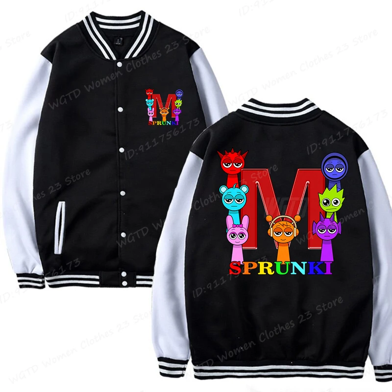 Cute Sprunki 26 Alphabet Print Baseball Jacket Long Sleeve Cute Cartoon Game Sprunki & Letter Graphic Boys Girls Jacket Coat Top