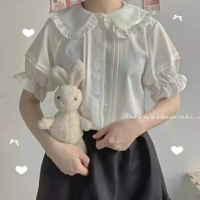 Zoki Japanese Sweet Women Blouses Lolita Style White Kawaii Peter Pan Collar Jk Shirt Cute Preppy Ruffle Puff Short Sleeve Tops 1