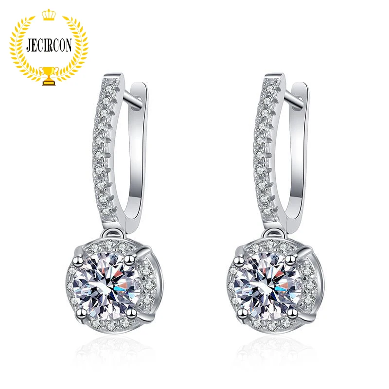 

JECIRCON 925 Sterling Silver Moissanite Drop Earrings for Women 1ct D Color Lab Diamond Round Ear Pendants Luxury Shiny Jewelry