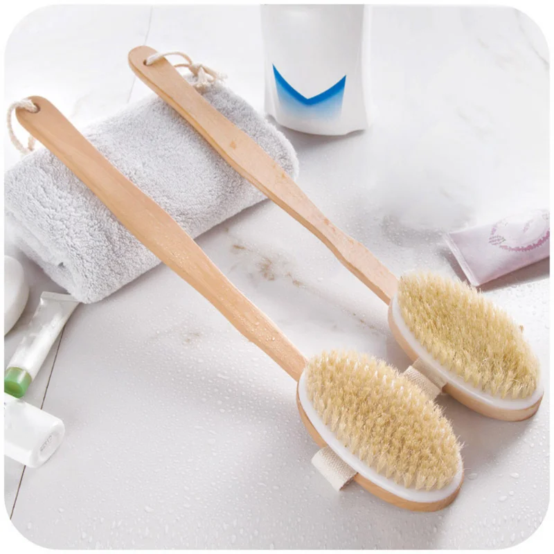 

New Soft Bath Brush with Boar Bristles and Long Wooden Handle for Exfoliating and Massaging