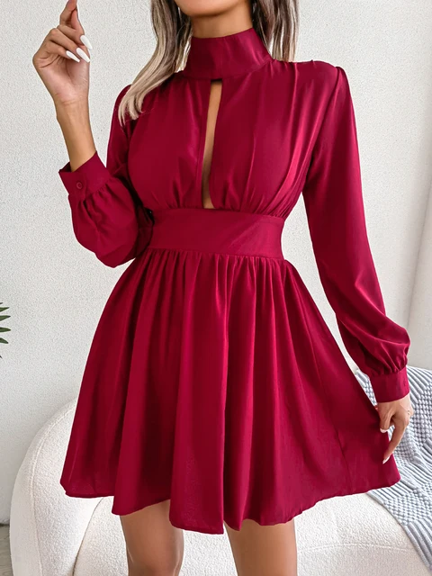 2025 Women Autumn Casual Hollow Out Long Sleeve A Line Dress Black Red White Elegant Woman Dresses 2