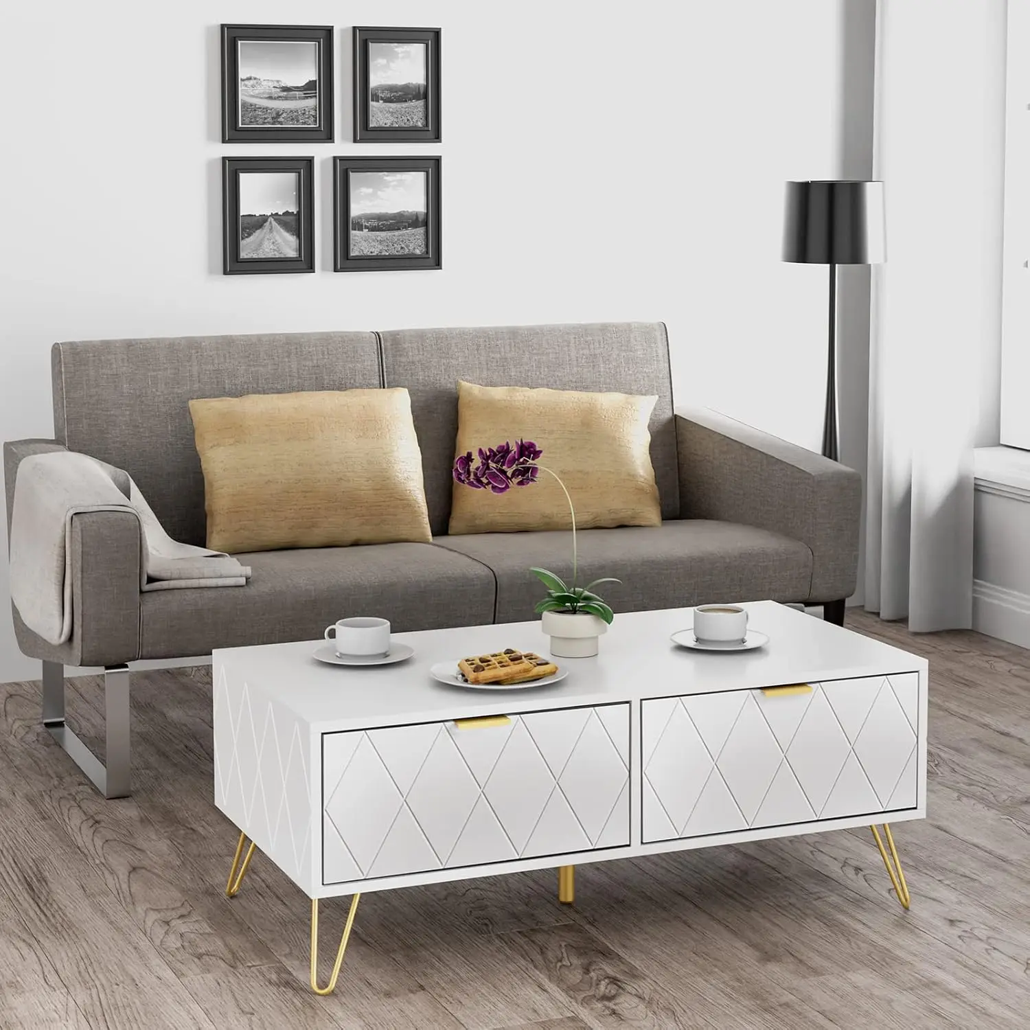 39.4'' Coffee Table with Large Drawers & 2 Open Storage Shelves, White Modern Coffee Tables with Gold Metal Handles 2