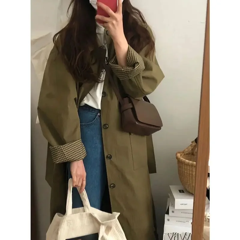 

Woman Long Trench Coat Korean Fashion Autum Loose Turn-down Collar Cloak Casual Khaki Womens Windbreaker Coat Women Clothing