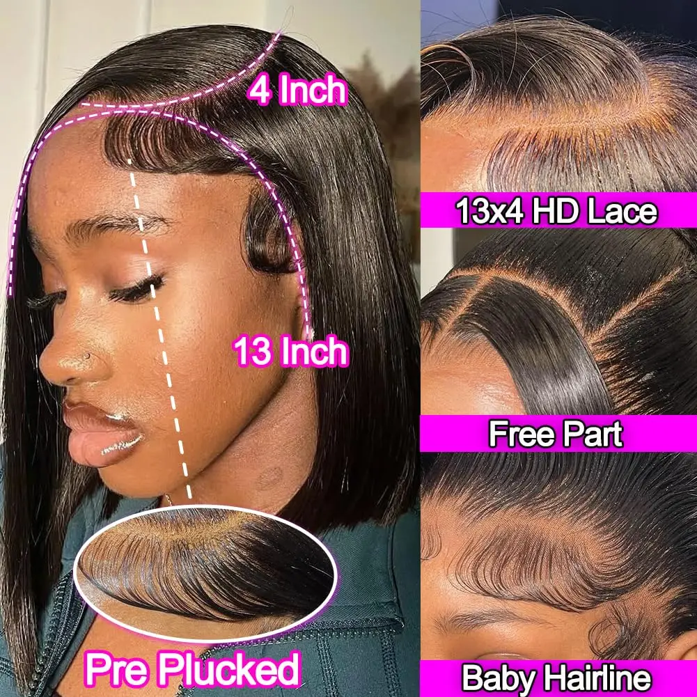 Parrucca Bob in Capelli Umani 13x4 Frontal Lace Lisci Corti, Parrucca Nera Senza Colla Pre-Rifinita con Frontale in Pizzo HD per Donne - immagine 2