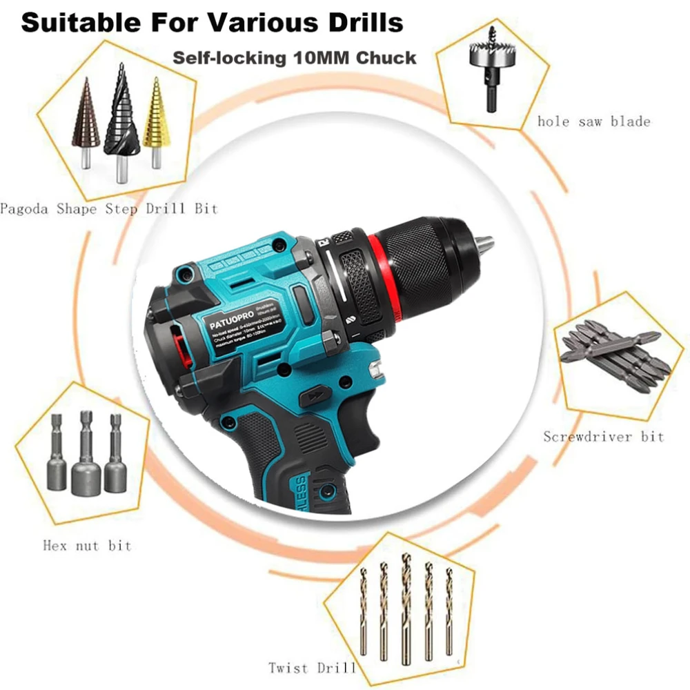 10mm Electric Brushless Drill 2-Speed Self-locking Cordless Drill Screwdriver 60-100Nm Torque Power Tools For Makita 18V Battery 3