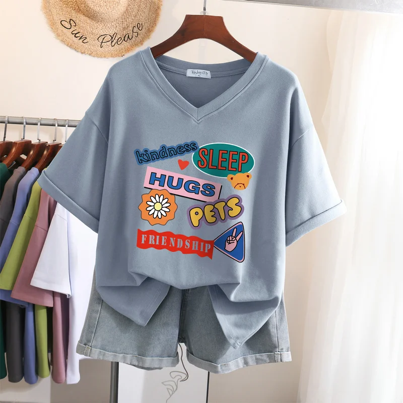 

QNPQYX 100% Cotton L-6XL T Shirt big Size Tshirt Short Sleeve Women Top Summer Letter Print Couple V Neck Oversized T Shirts
