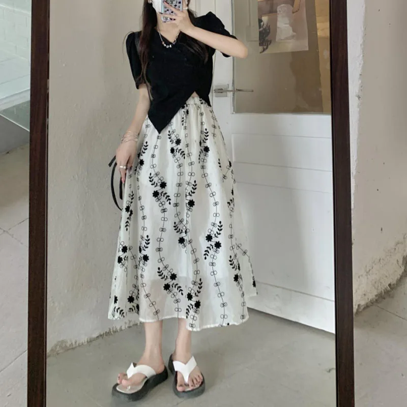 New Women's Summer Simplicity High Waist Chiffon Printed Appear Thin Fashion Elegant Casual Commuter Versatile Floral Skirt