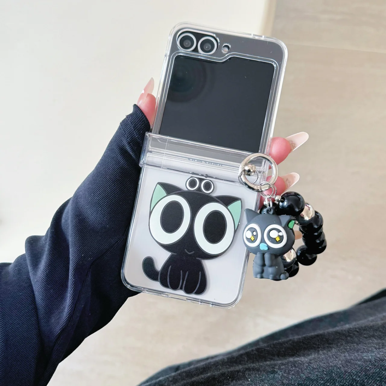Black Kitten Cartoon Shockproof Phone Case with Rope Strap and Cat Pendant