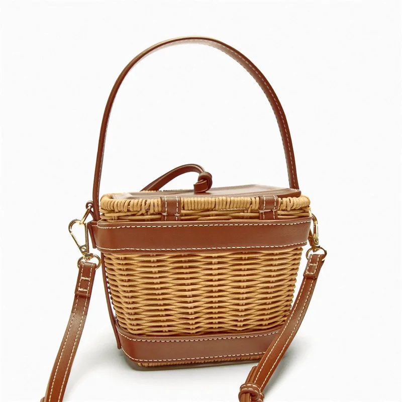 Fashion Straw Bucket Bag Weave Women Handbags Designer Panelled Shoulder Crossbody Bags Casual Summer Beach Small Tote Purses