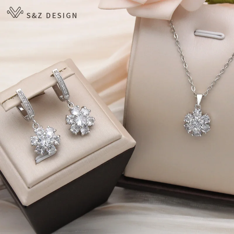S&Z DESIGN New Fashion Cubic Zirconia Lovely Cute Snowflake Dangle Earrings For Women 585 Rose Gold Color Temperament Jewelry