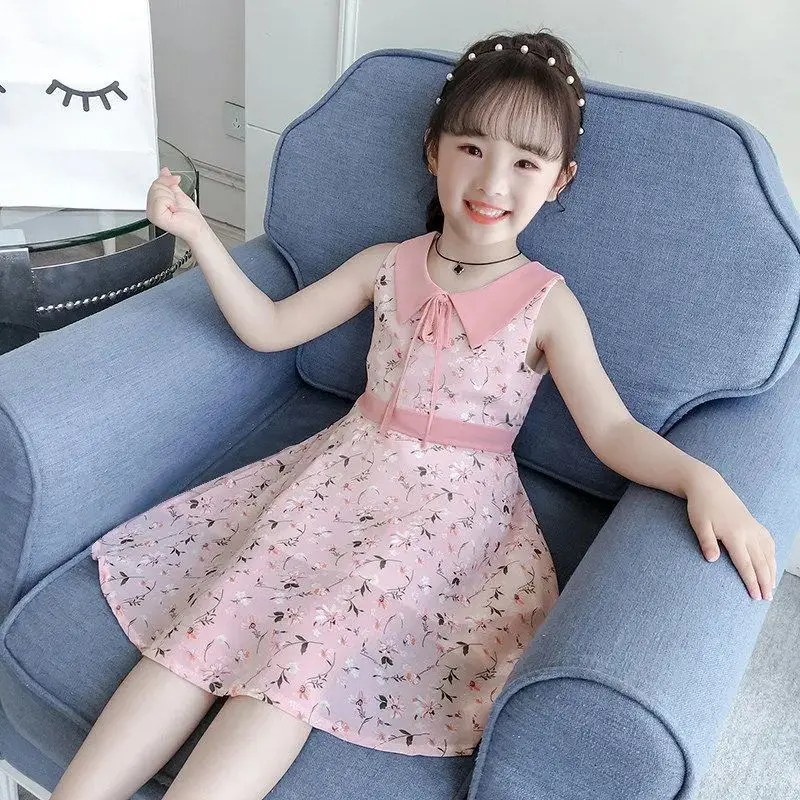 

2023 Girls Dresses for Summer Chiffon Princess Dresses Medium Large Children's Fashiona Floral Trend Cool Breathable Dress Kids