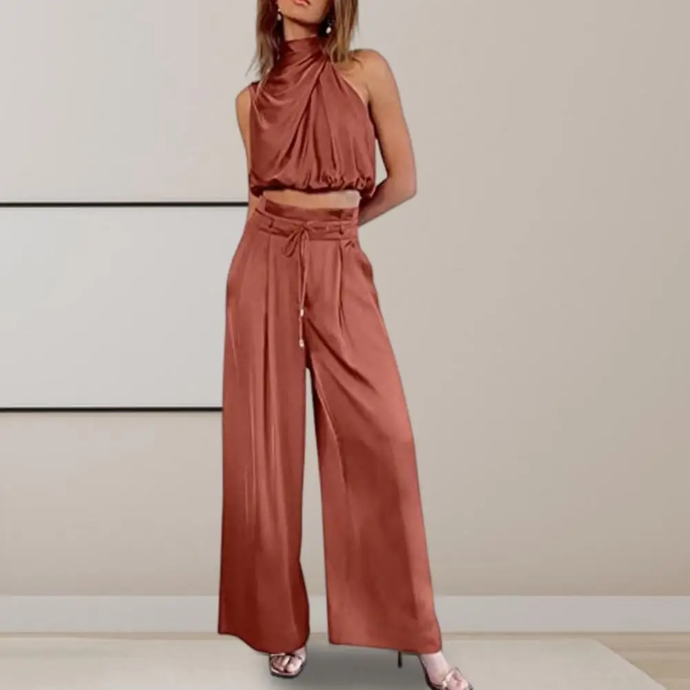 2 Pieces/set Women's Cropped Pants Suit Sleeveless Turtleneck Blouse Solid Color Drawstring High Waist Wide Leg Loose Suit