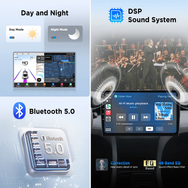 Radio para Auto Junsun Qualcomm de 8 Núcleos con Cámara de Visión 360°, Universal, Estéreo, Pantalla Táctil IPS de 7, 9 y 10 Pulgadas, Reproductor Multimedia, CarPlay Inalámbrico, Android Auto, Sistemas Inteligentes, Unidad Principal 2 Din, Autoradio, Navegación GPS, BT, 4G, WIFI, 8 Núcleos, FM, AM, DSP, RDS, SWC 6