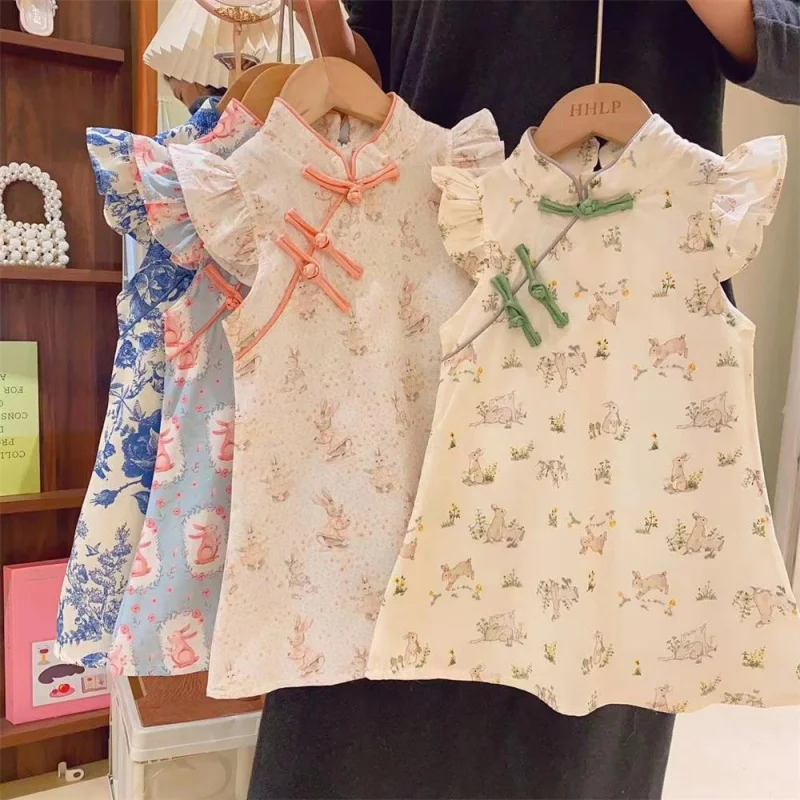 

2024Summer ClothinganNew Girls Vintage Floral Flying Sleeve Oblique Buckle Temperament Princess Cheongsam DressWS