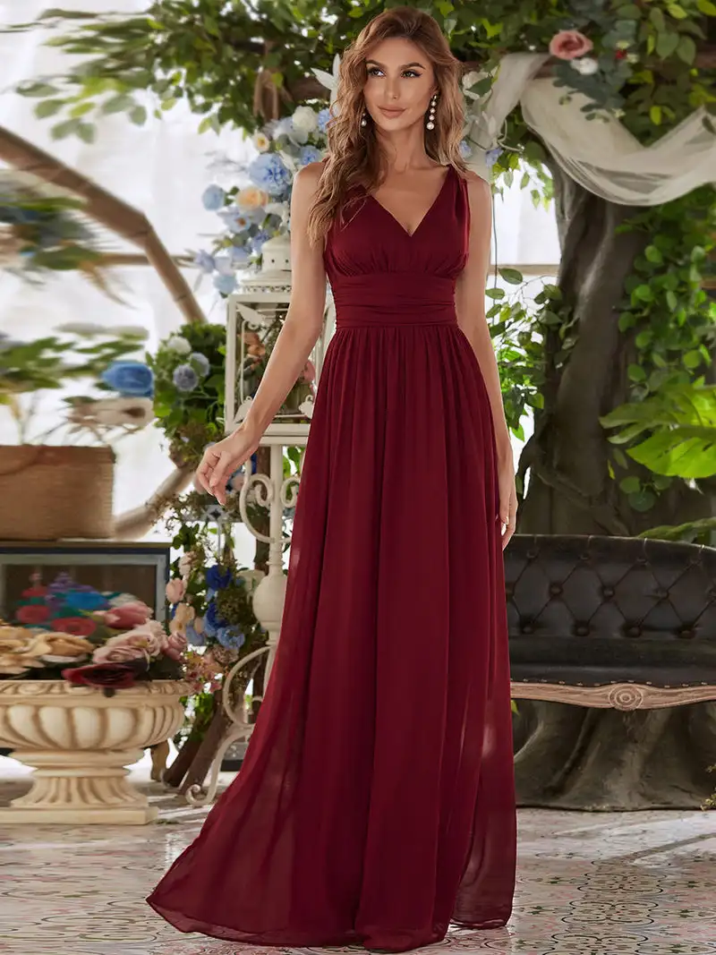 Elegante Avondjurken Dubbele V-Hals Mouwloze Maxi Vloerlengte 2024 Baziiingaaa Van Bordeauxrode, Effen Chiffon Prom Damesjurk