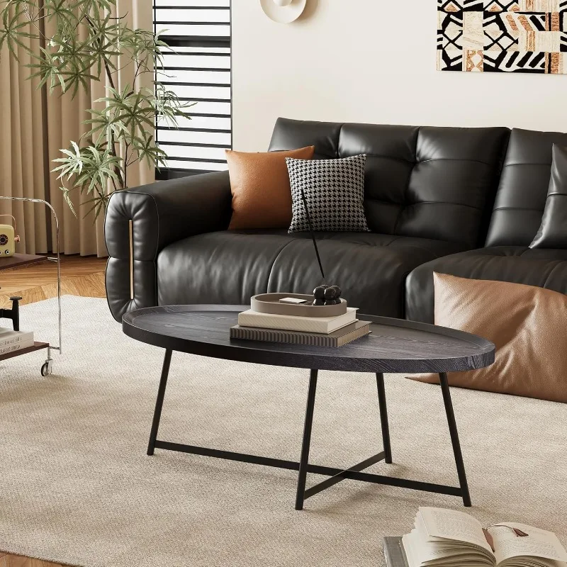 Modern Coffee Table, Oval Wood Coffee Table Center Table with Metal Leg for Living Room, 47 Inch Coffee Table Accent Furniture 4