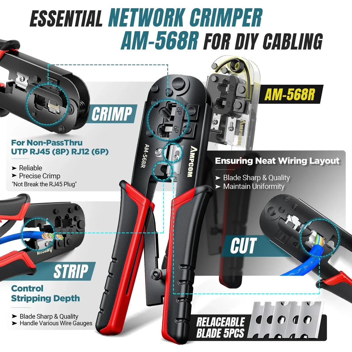 AMPCOM Ethernet Crimping Tool Kit for CAT6/CAT5e RJ45 Connector with Wire Stripper/Punch Down Tool/TEL/LAN Cable Tester — view 2