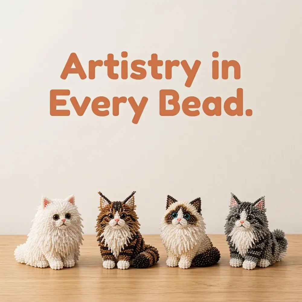 Kit Fai-da-Te per Ricamo con Perline a Tema Animale, Set Artistico Colorato per Mini Lavorazioni con Perline, Kit Educativo 3D per Creazione Portachiavi a Forma di Gatto