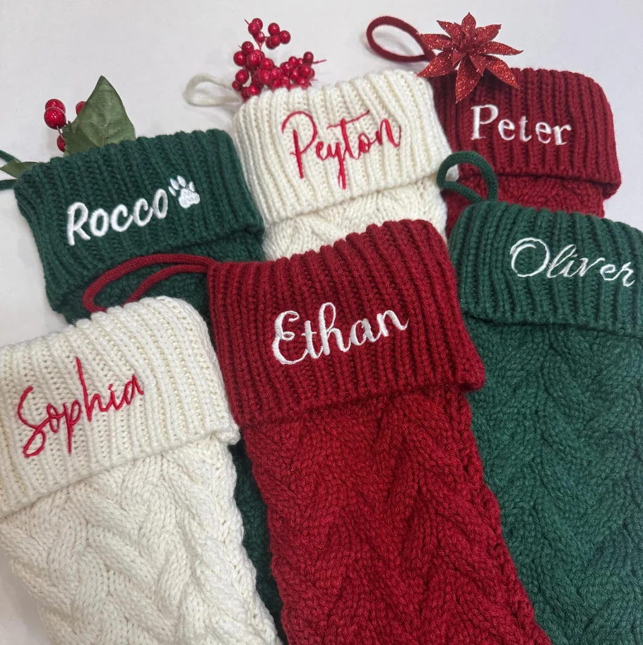Personalized Embroidered Family Christmas Stockings, Custom Knitted Stockings With Name, Monogram Stocking, Holiday Decor Gifts
