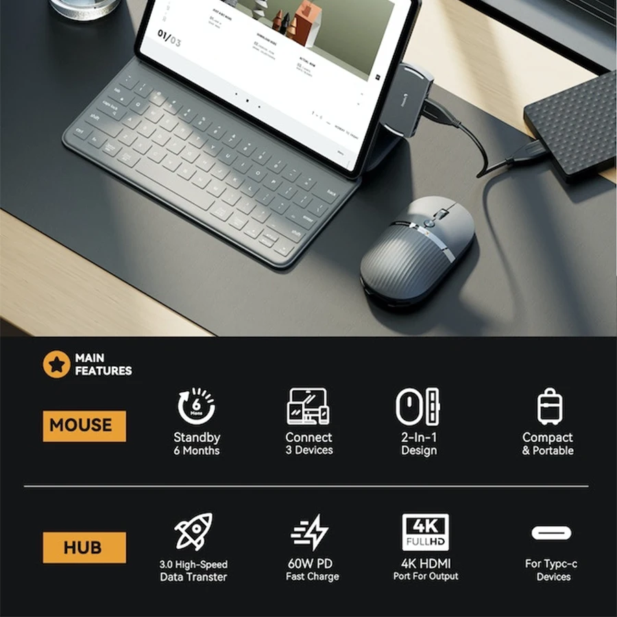 Protoarc-mouse sem Fio Usb c Bluetooth Multi-dispositivo Recarregável Laptop Hub com Usb c Hub Portátil Silencioso Computador - Imagem 3