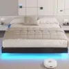 California King Floating Bed Frame with LED Lights Faux Leather Upholstered Cal King Size Platform Bed Frame No Headboard Black 3
