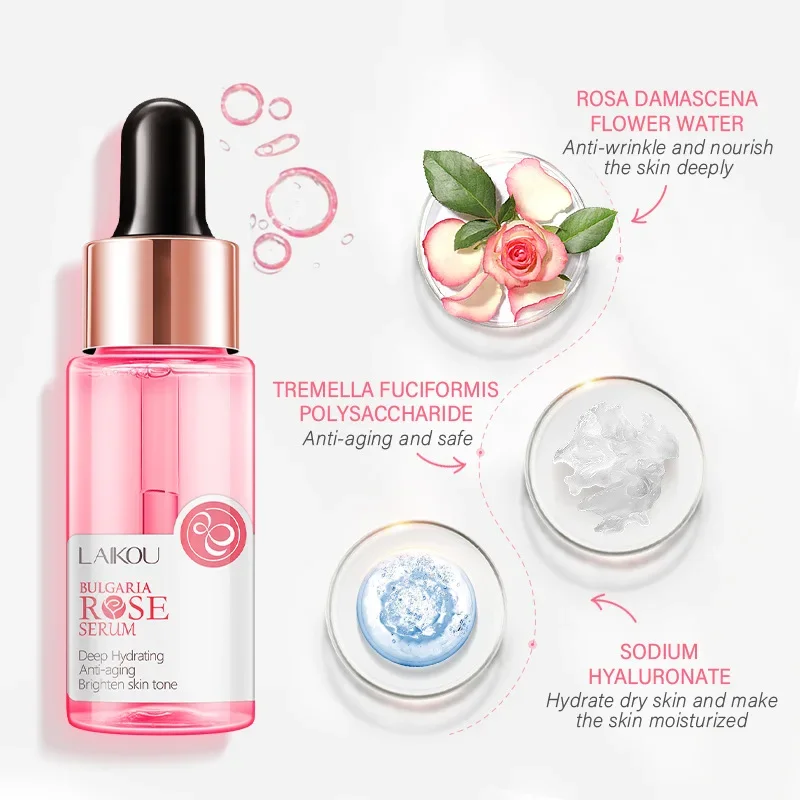 LAIKOU Bulgaria Rose Serum Deep Moisturizing Hydrating  Brighten Skin Tone Remove Spots Shrink Pores Care 17ml 2