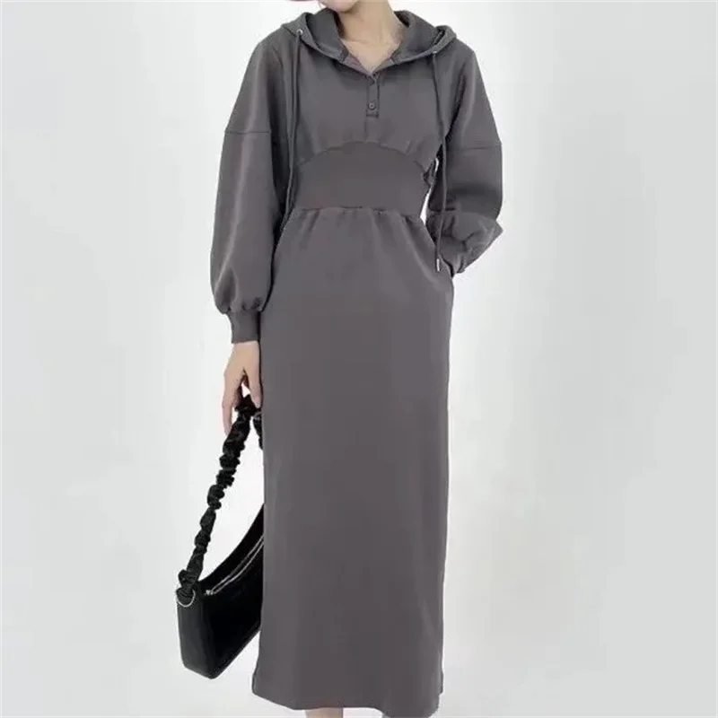 2024 Autumn/Winter Dress Waist Wrap for Slimming with Plush Long Sleeve Hooded Sweater Mid length Hepburn style Fishtail Dress W
