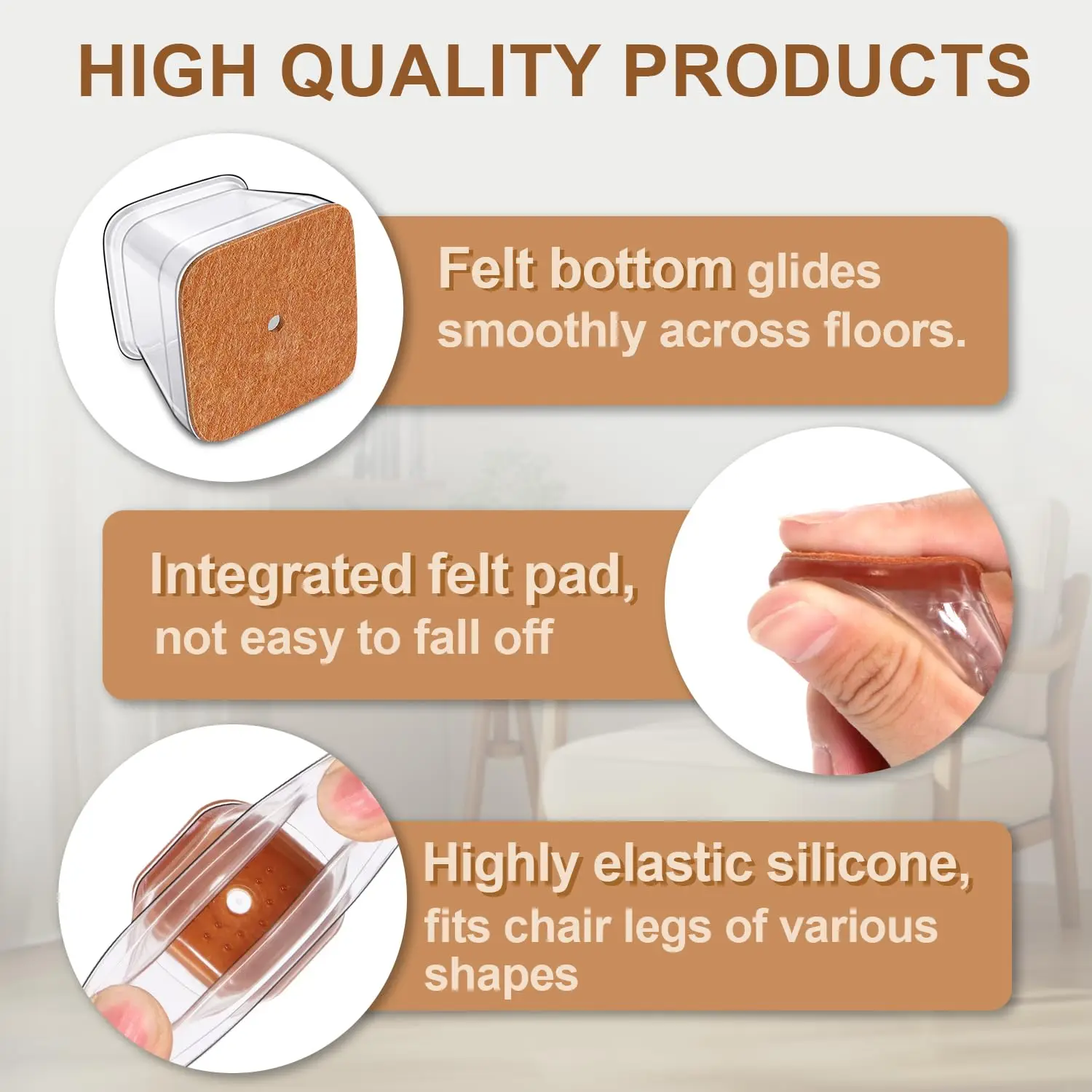 Silicone Floor Protector Chair Leg Caps with Felt Pads - Set of 8