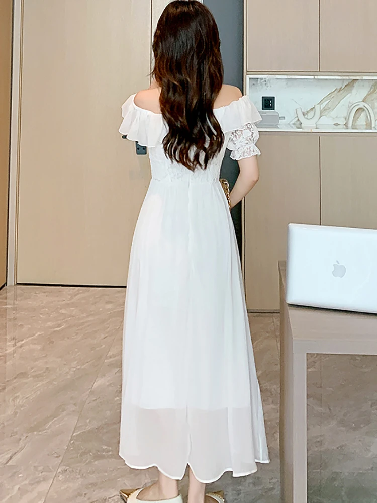 White Patchwork Lace Puff Sleeve Luxury Long Dress for 2023 Summer Elegant  Ruffled Slash Neck Sexy Dress Women Vintage Prom Robe