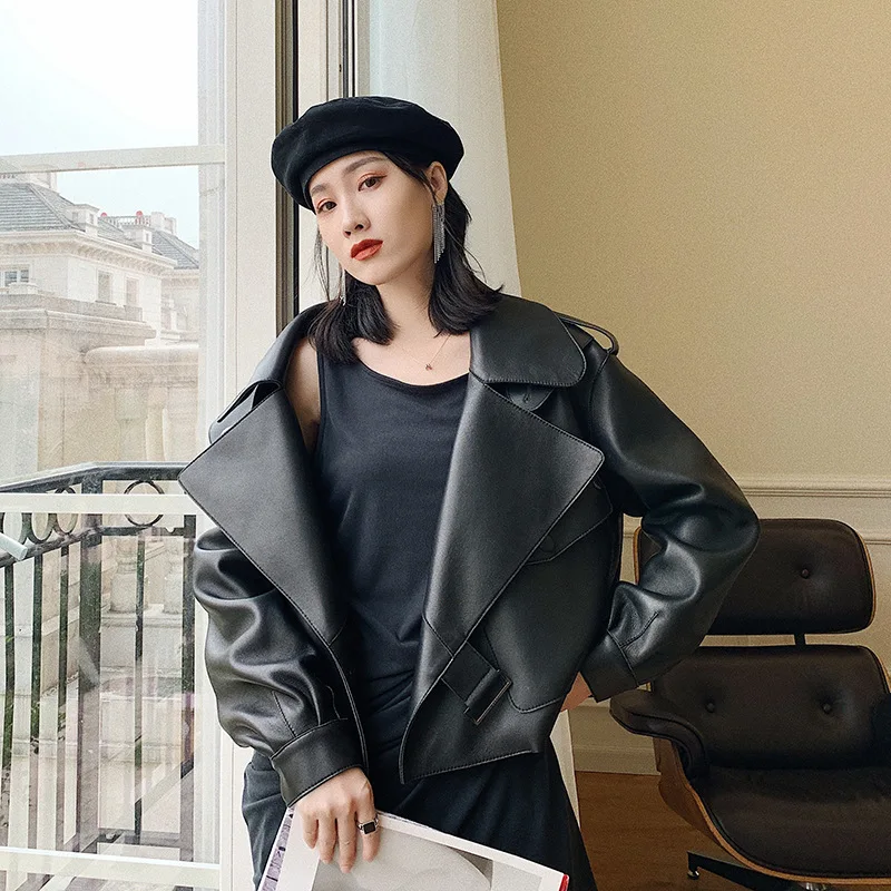 

Куртка из натуральной кожи Jiang Shuying, женская короткая куртка, новая Корейская версия для осени и весны, свободный силуэт