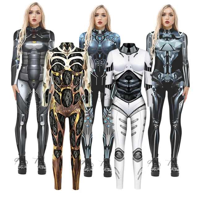 Nuova femmina Halloween spaventoso futuro tecnologia stile Robot scheletro  osso stampa tuta donne Sexy stretto Catsuit costumi Cosplay - AliExpress