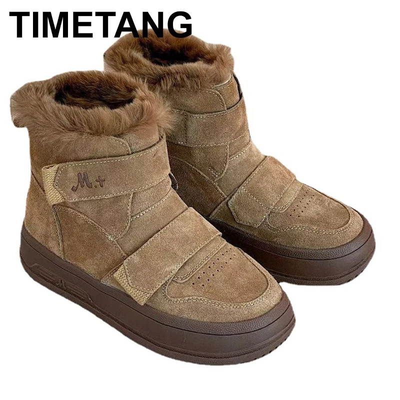 

2024 Snow Boots Women Cow Suede Solid Color Round Toe Thick Sole Lace Up Winter Keep Warm Ladies Ankle Shoes